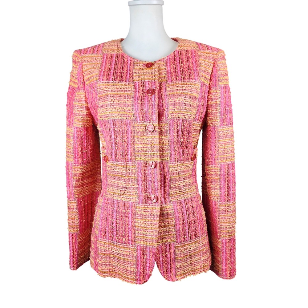 Giorgio Grati Tweed Blazer Jacket‎ Womens Small Pink Orange Metallic Made Italy
